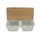 Saleiro de Mesa com 2 Divisórias de Cerâmica e Tampa de Bambu e Colher Bianco 20cm x 9cm - Lyor